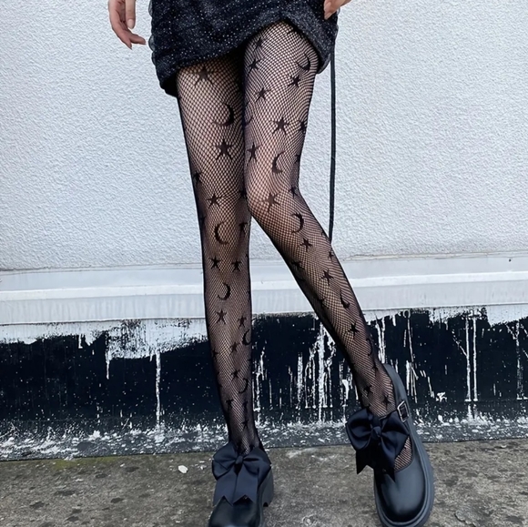 Moon 🌙 & Star 🌟  fishnet tights One size fits most Black - Picture 5 of 7